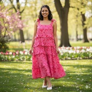 Olivaceous Pink Cotton Floral Tiered Dress NWT